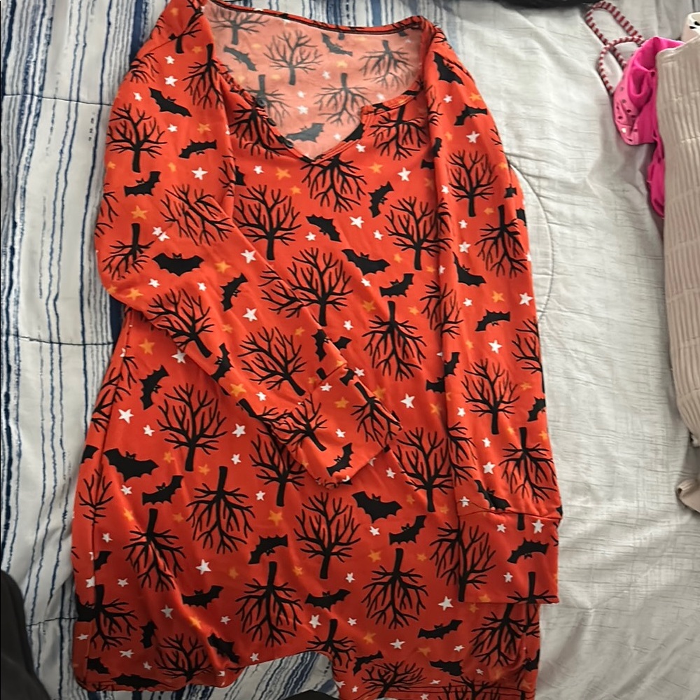 Halloween Themed Orange Dress with Bats and Trees